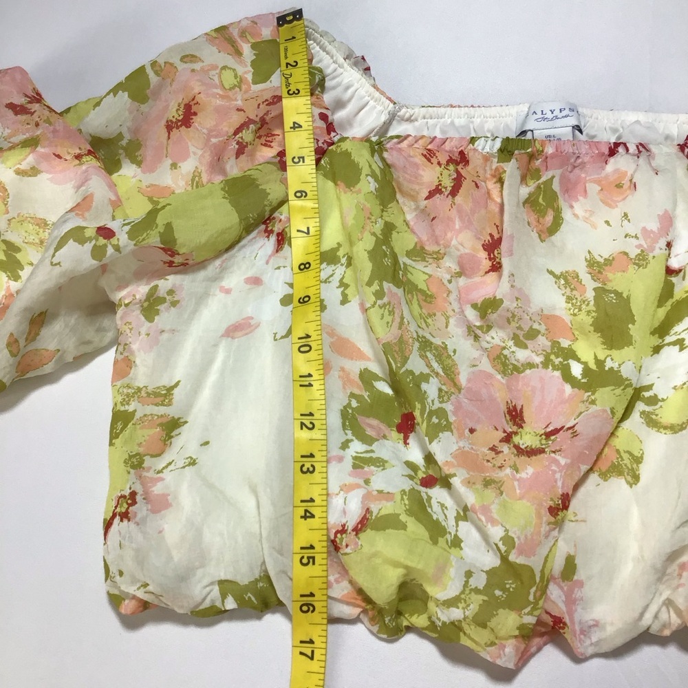 Calypso St. Barth Floral Blouse in Pink and Green Puff Sleeves - Picture 6 of 8